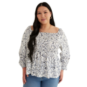 Penningtons • White & Blue Floral, Smocked, Square Neck Top • EUC • Size 1X •